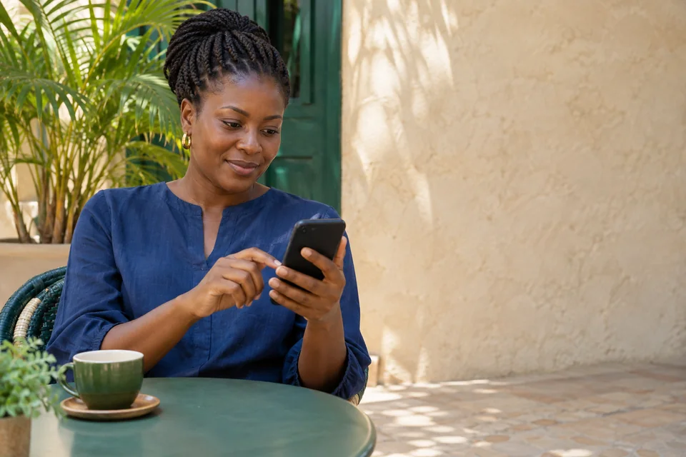 Scène illustrative : une propriétaire consulte les alertes de sa boutique sur son téléphone, depuis une terrasse.
