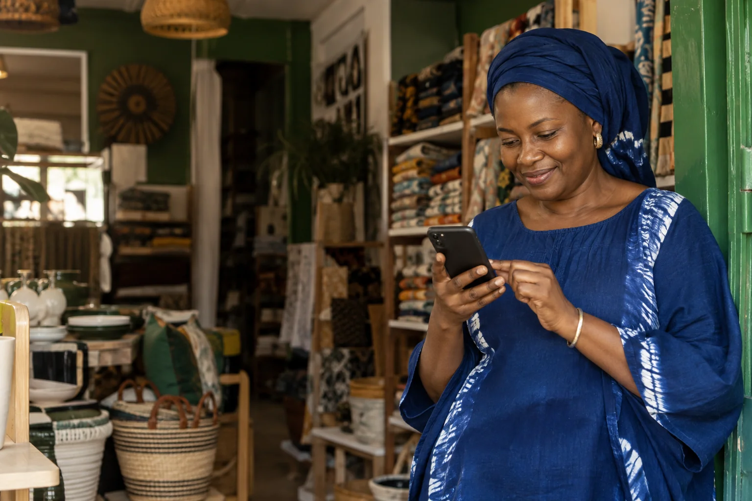 Illustration d’une commerçante dans sa boutique, un téléphone à la main.