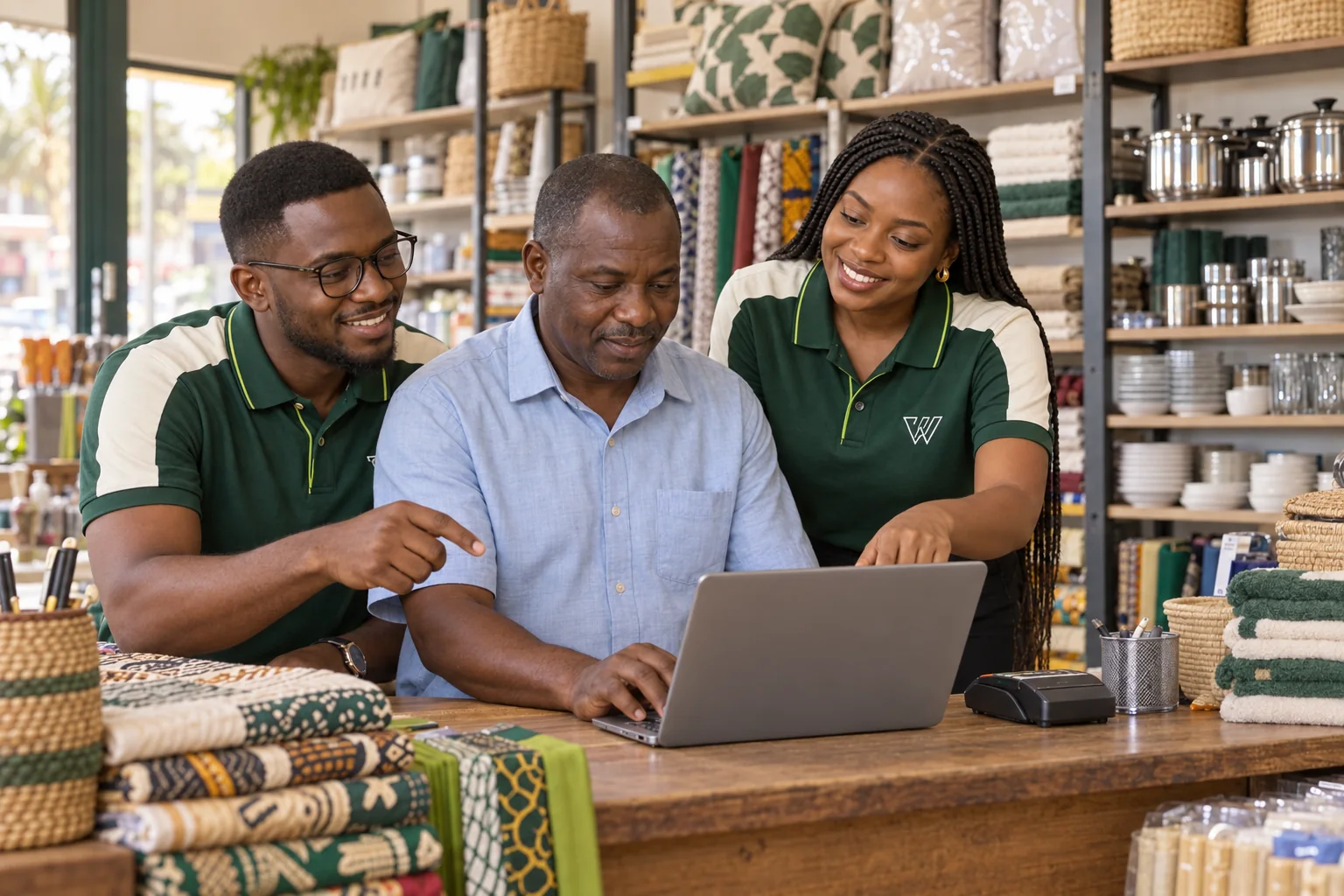 Scène illustrative : deux membres de l’équipe WAW Technologie, en tenues coordonnées, accompagnent un commerçant dans l’utilisation du logiciel au comptoir de sa boutique.