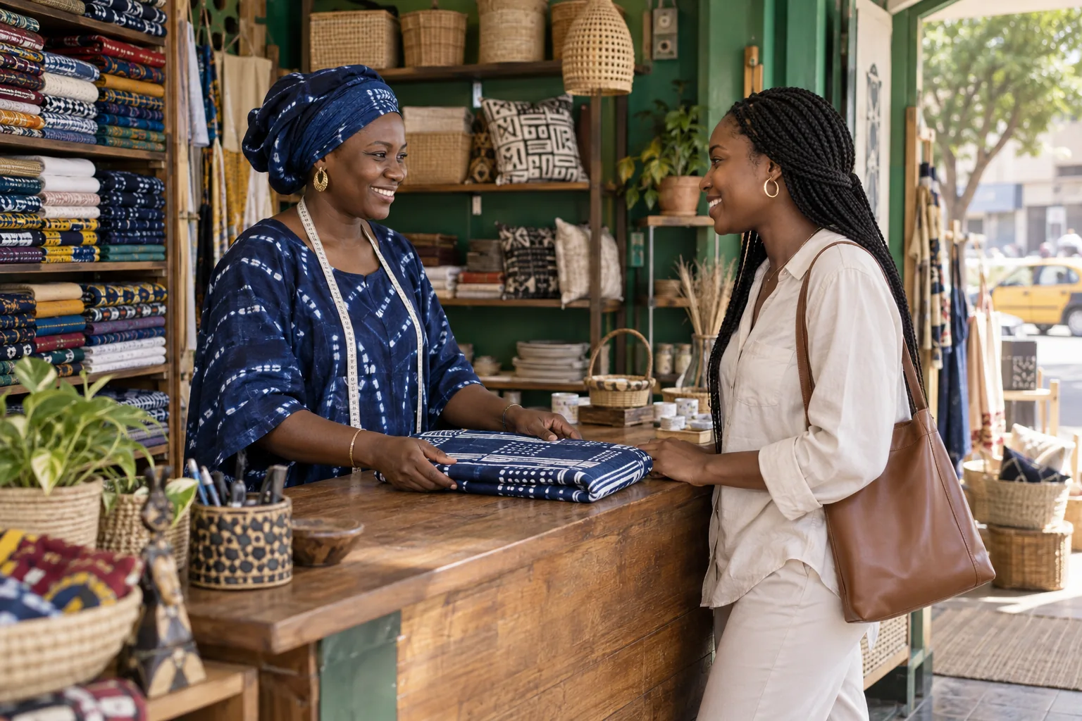 Scène illustrative : une commerçante échange avec une cliente autour de son achat de tissu.